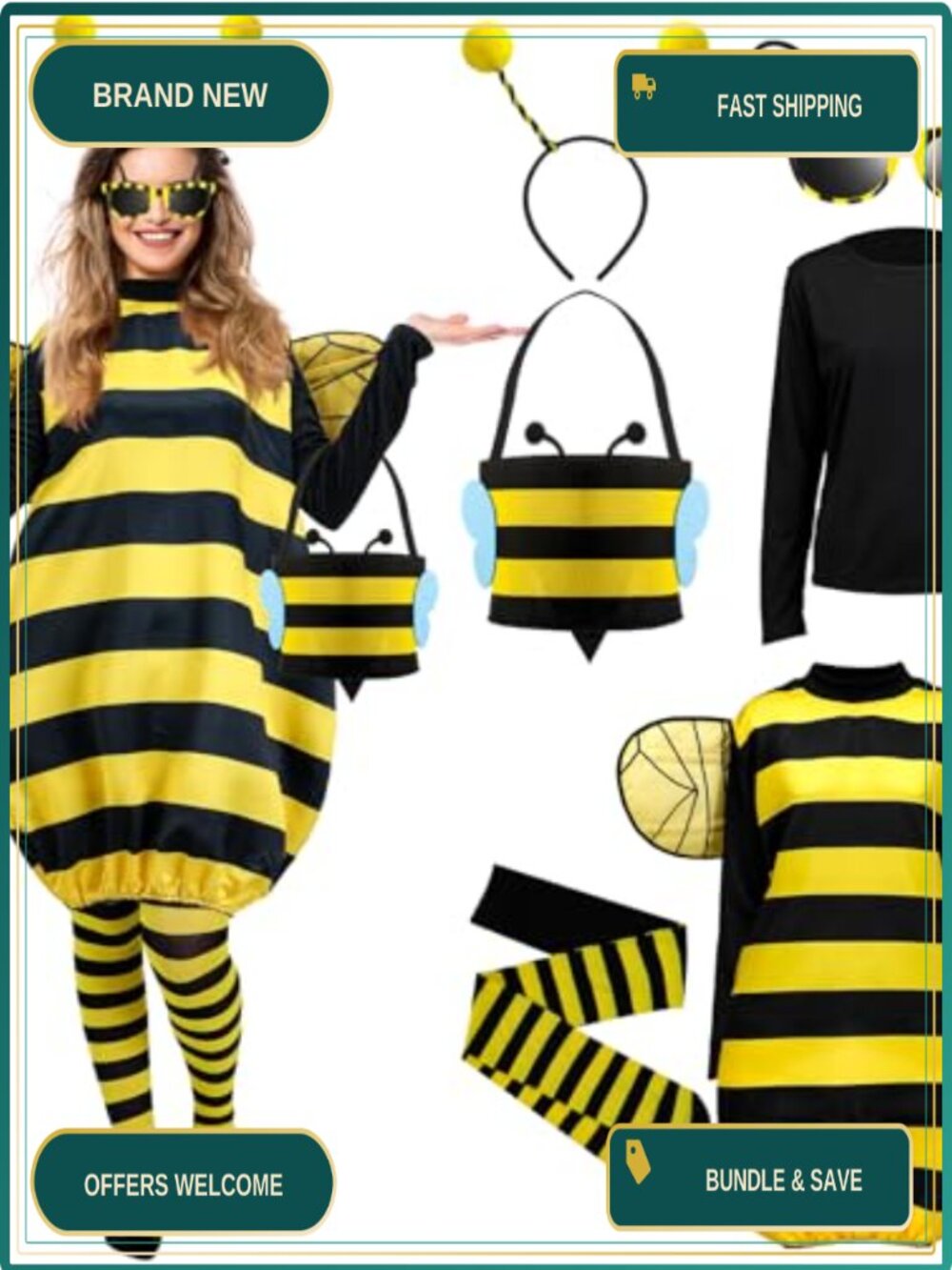 Women's Bee Costume Set Halloween Cosplay with Wings Antenna Tights